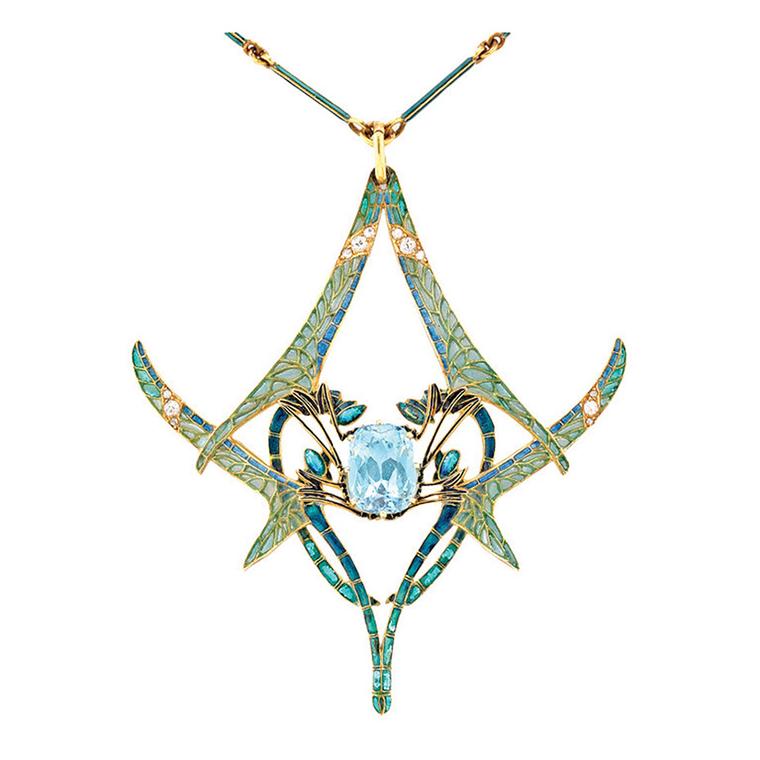 Important René Lalique dragonfly aquamarine pendant with plique-à-jour enamel wings, embellished with circular- and rose-cut diamonds (available at 1stdibs.com).